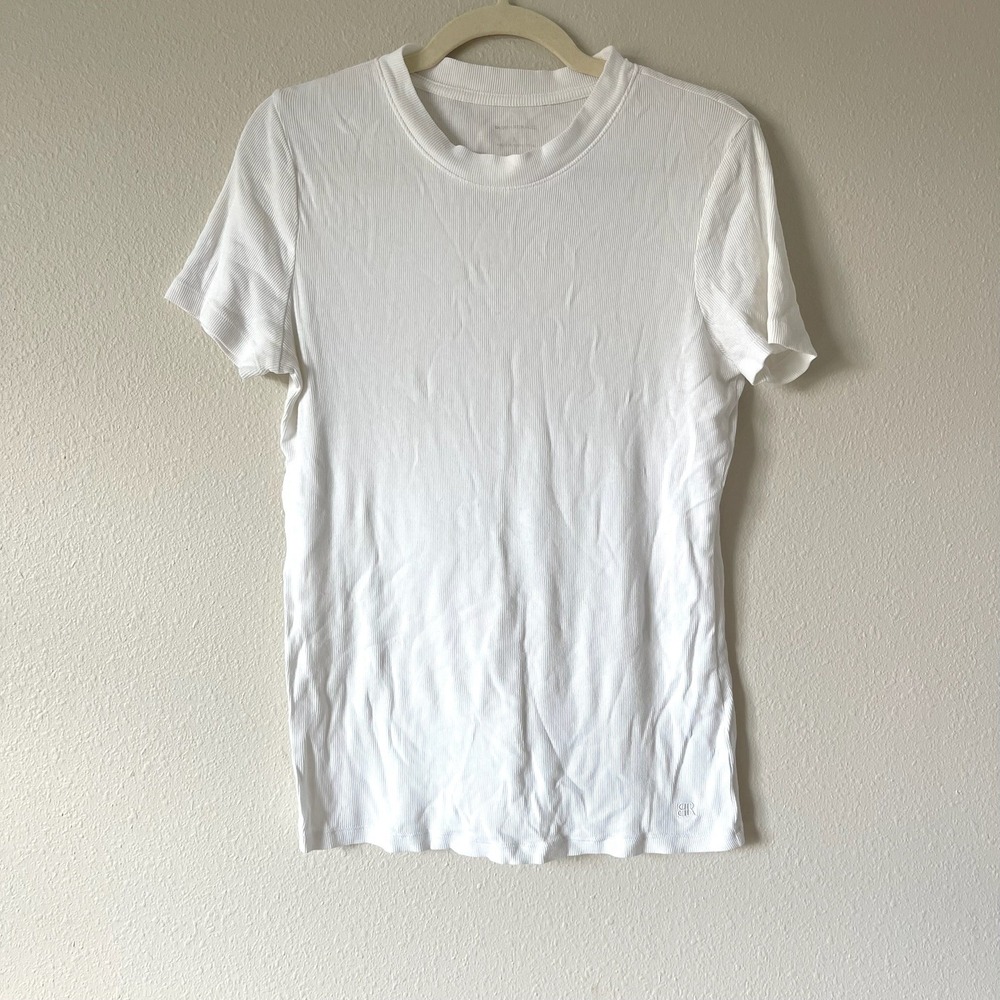 Banana Republic Womens White Ribbed Short Sleeve Crew Neck Tee Logo Size L